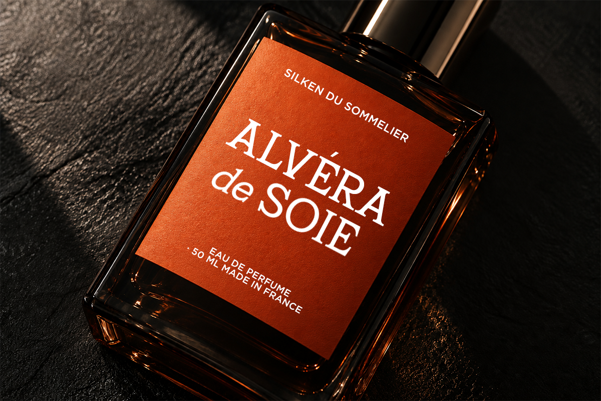 Luxury perfume bottle with burnt orange label on dark textured background, shot from above
