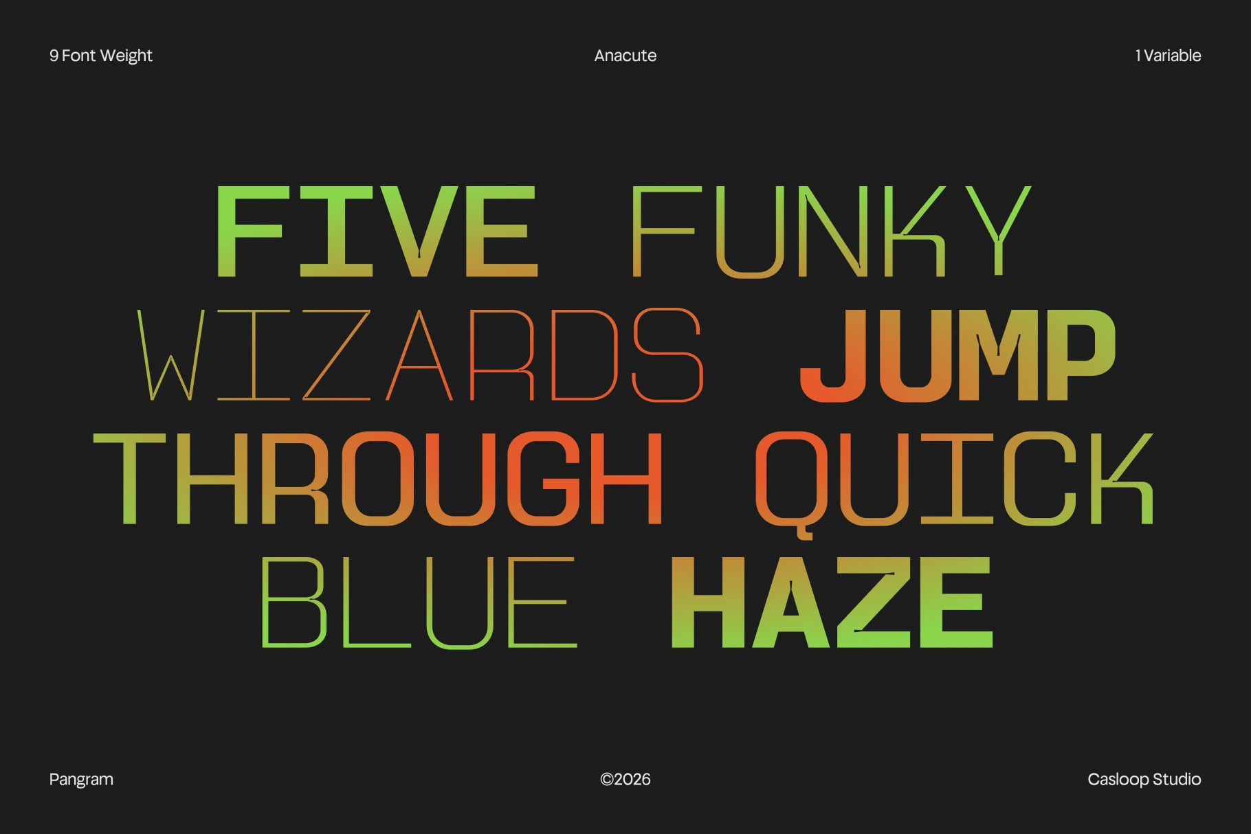 Anacute font family with 9 weights displayed in neon lime, gold, orange colors on dark background