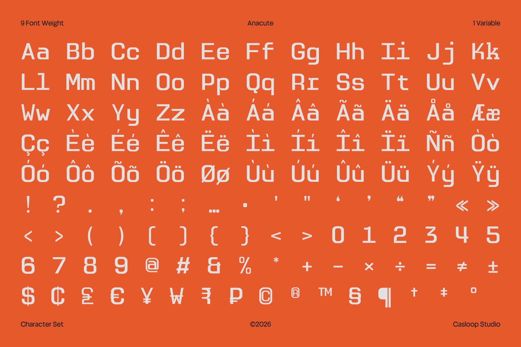 Anacute typeface with 9 weights, full character set on vibrant orange background