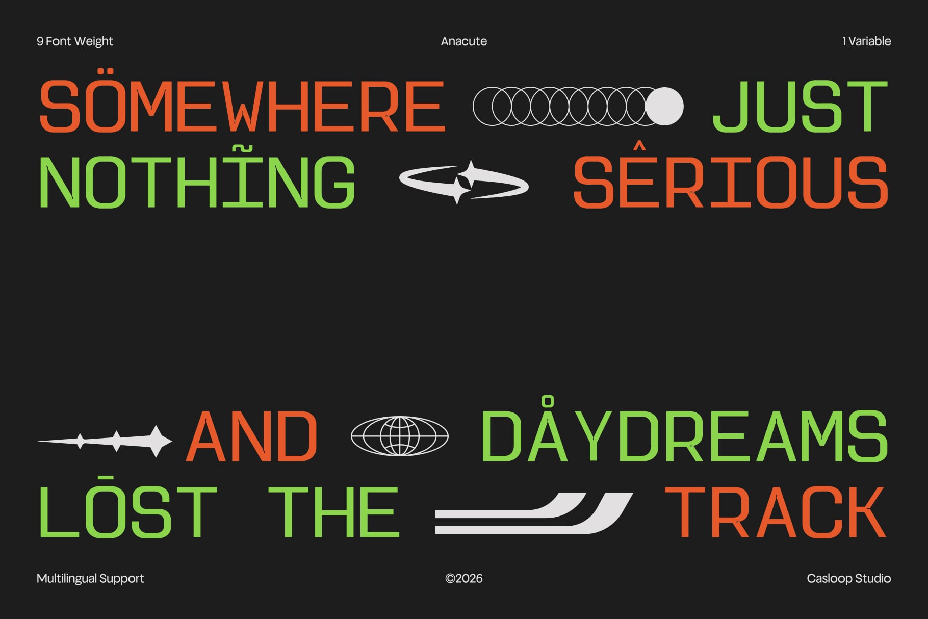 Bold sans serif font showcase with 9 weights in neon orange, lime green, white text on dark background