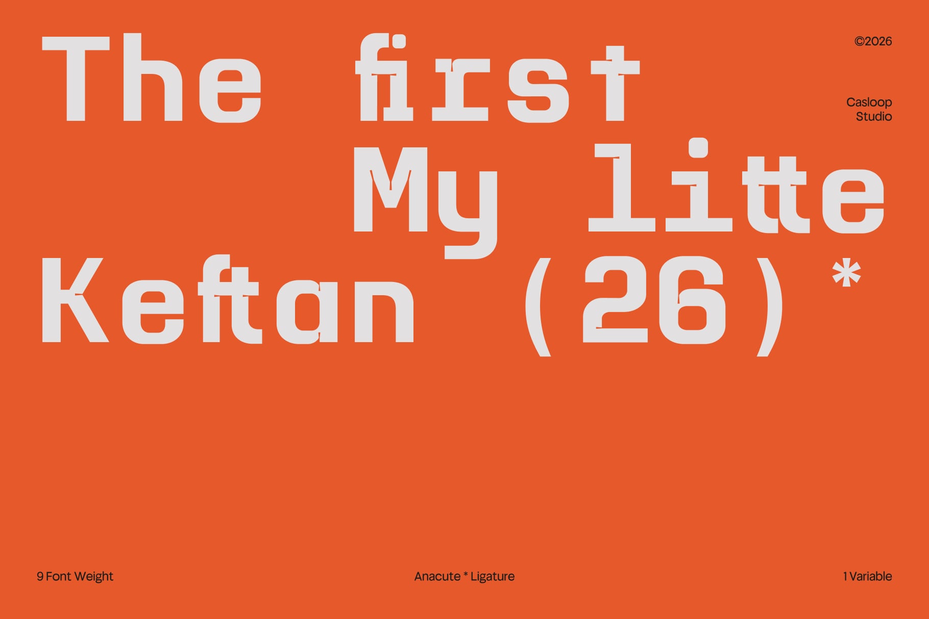 Bright orange background with bold white slab serif font displaying "The first My litte Keftan (26)" by Casloop Studio