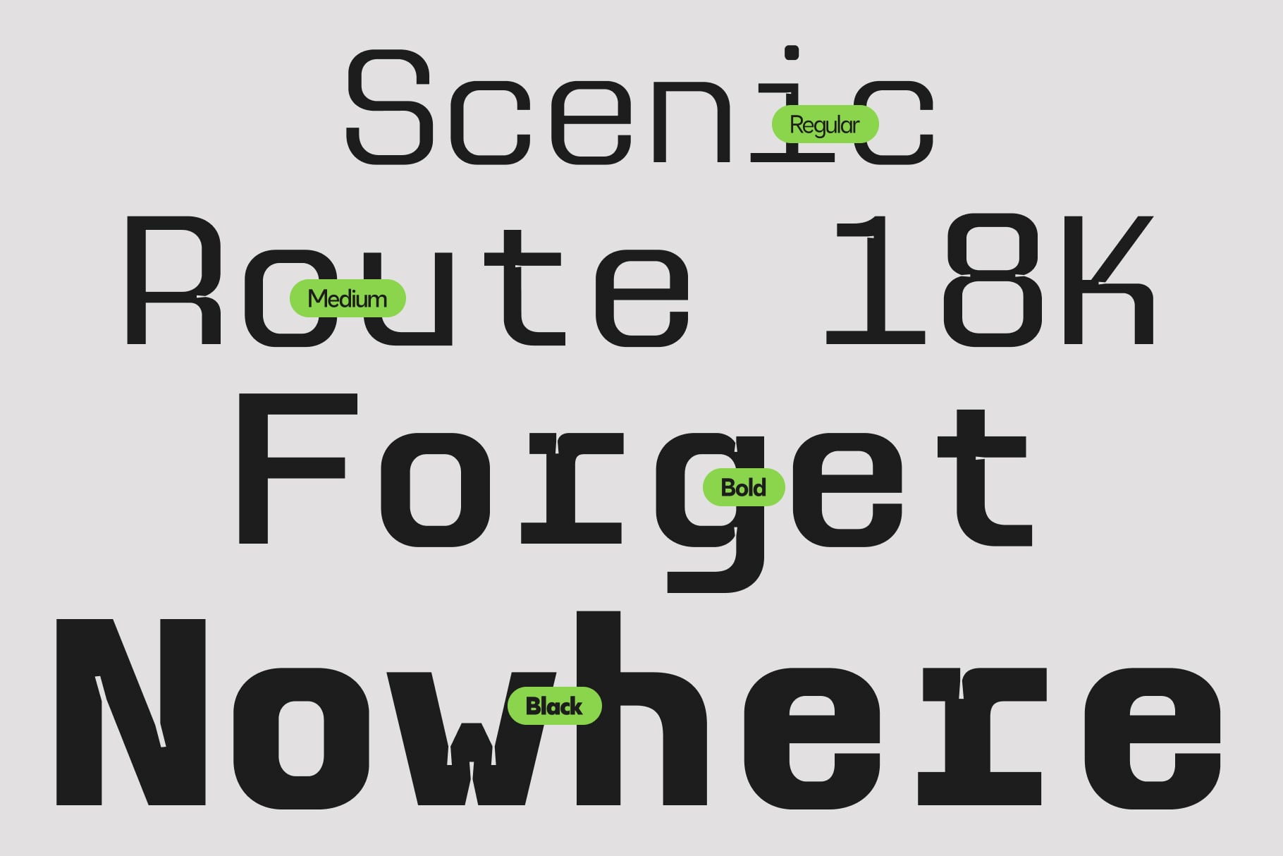 Scenic Route 18k font family with Regular, Medium, Bold, Black weights shown