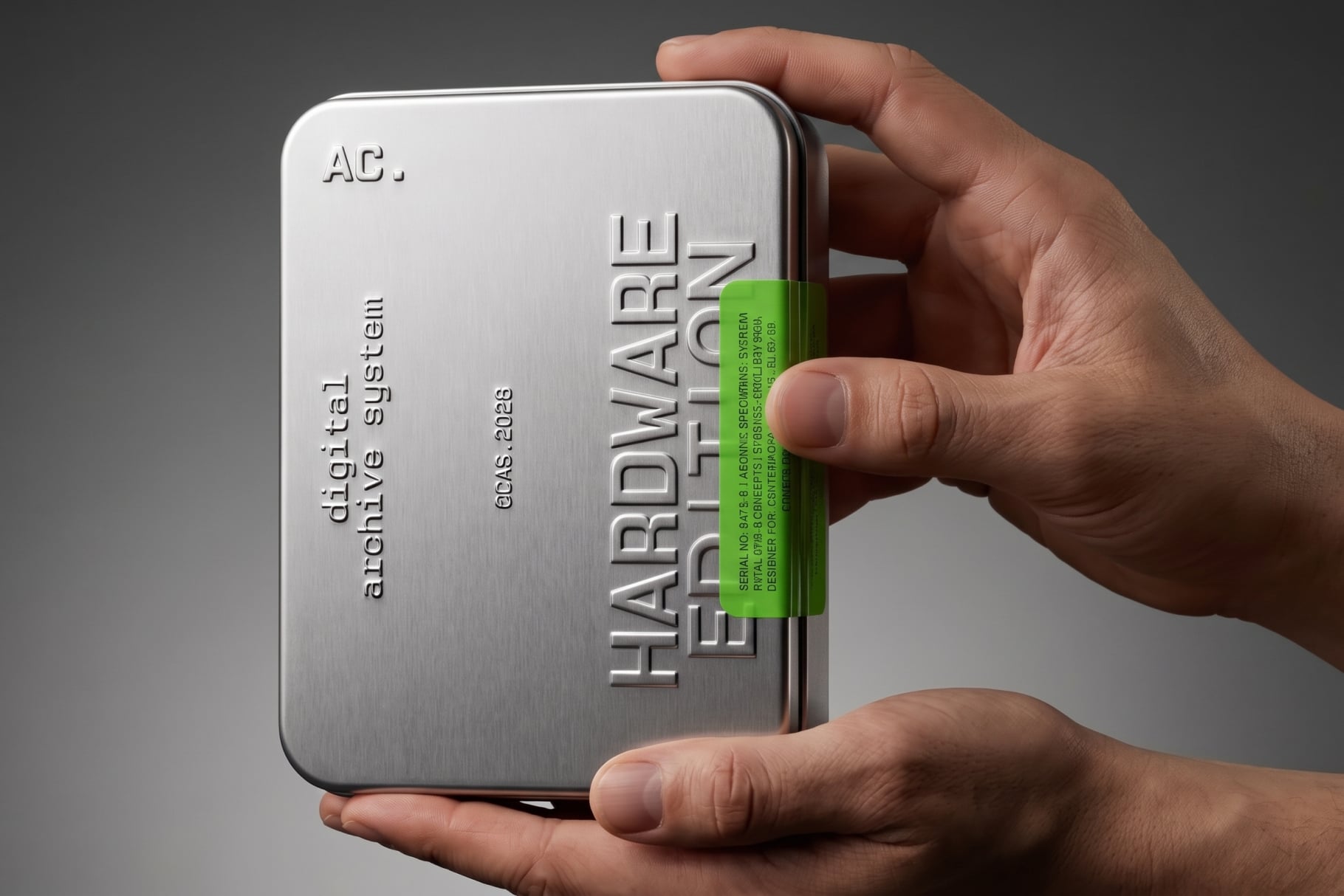 Hands holding metallic tin box with embossed tech branding plus bright green label detail