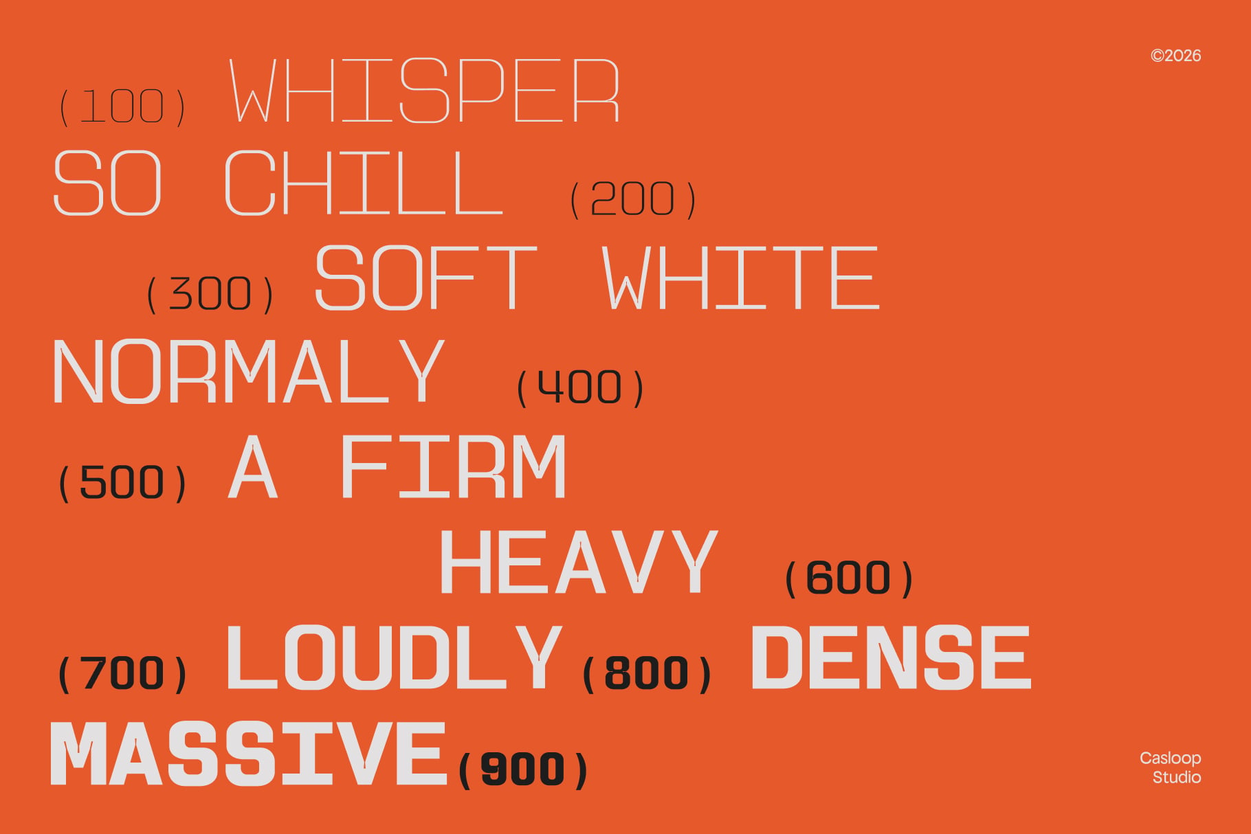 Casloop typeface weight scale showing thin to heavy variants on bright orange background