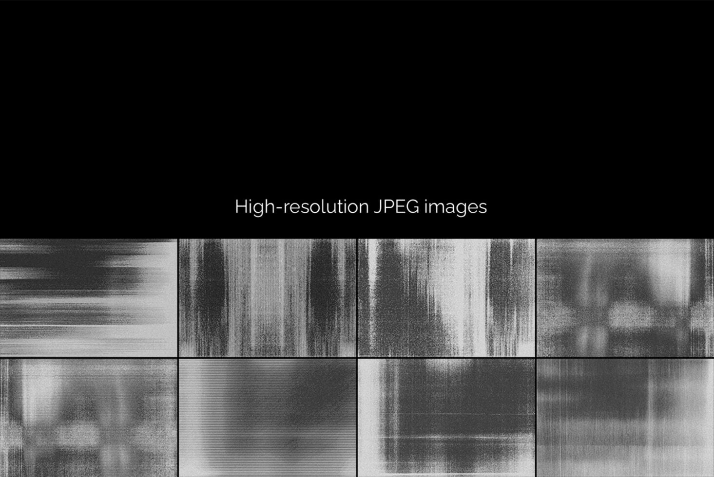 Glitchy black white scan lines creating digital noise texture across multiple panels