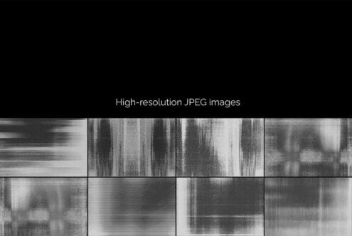 Glitchy black white scan lines creating digital noise texture across multiple panels