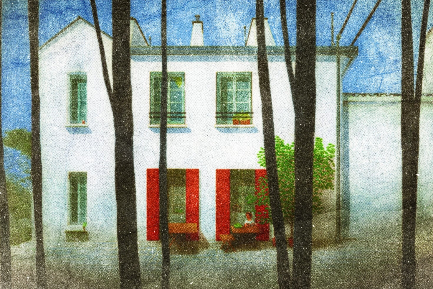 Cottage with red shutters peeking through tall dark trees, lighthouse visible in background