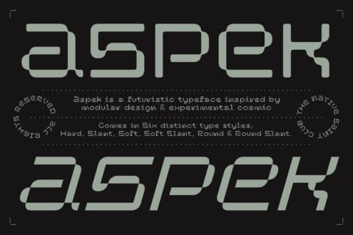 Aspek futuristic typeface in six weights with modular rounded letterforms on dark background