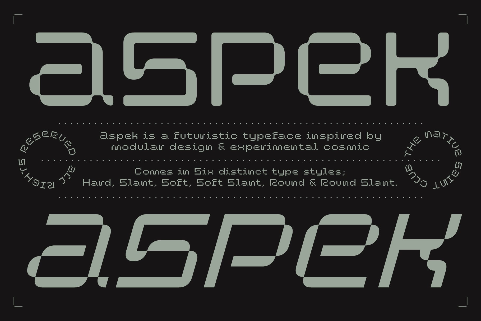 Aspek futuristic typeface in six weights with modular rounded letterforms on dark background
