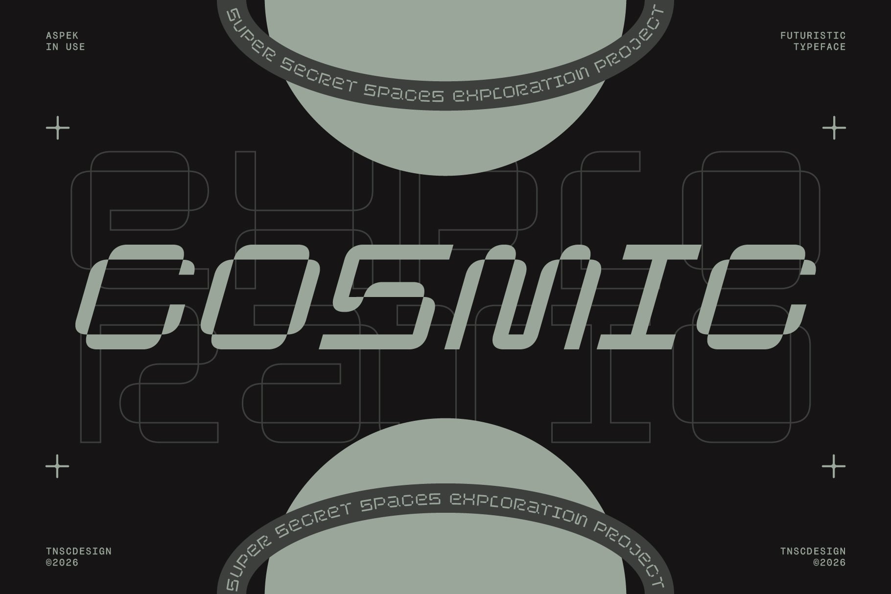 Aspek font display with sci-fi vibe, geometric letterforms in sage green on black background