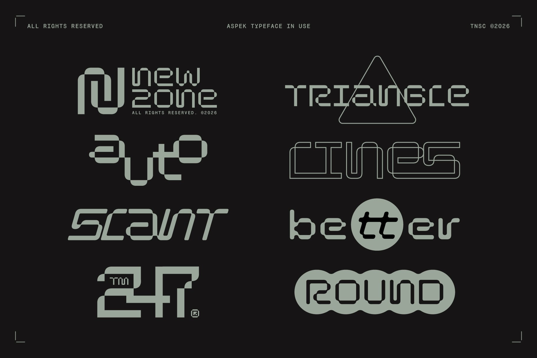 Aspek typeface specimens showing geometric letterforms, outlined triangle, rounded shapes on dark background