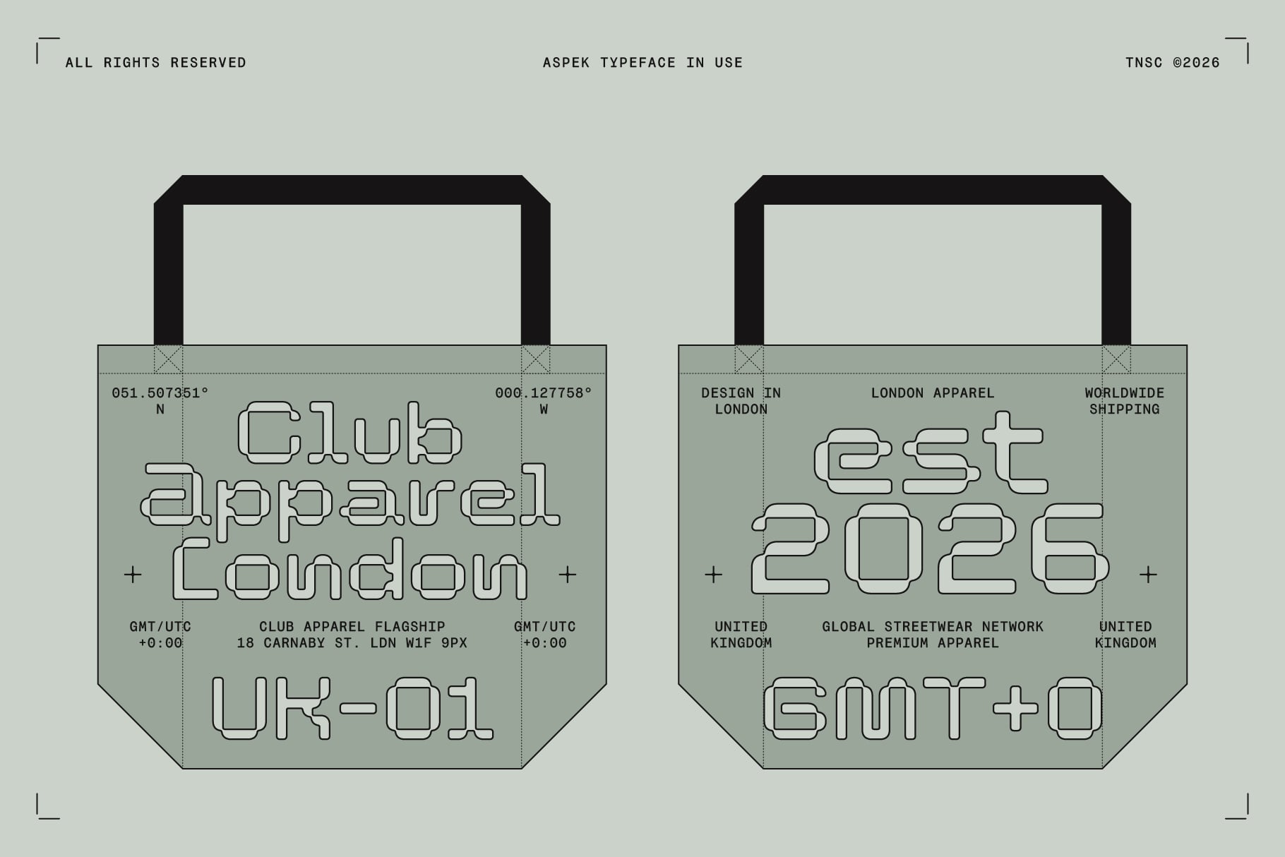 Aspek typeface displayed on two sage green tote bag mockups with coordinates, London apparel branding details