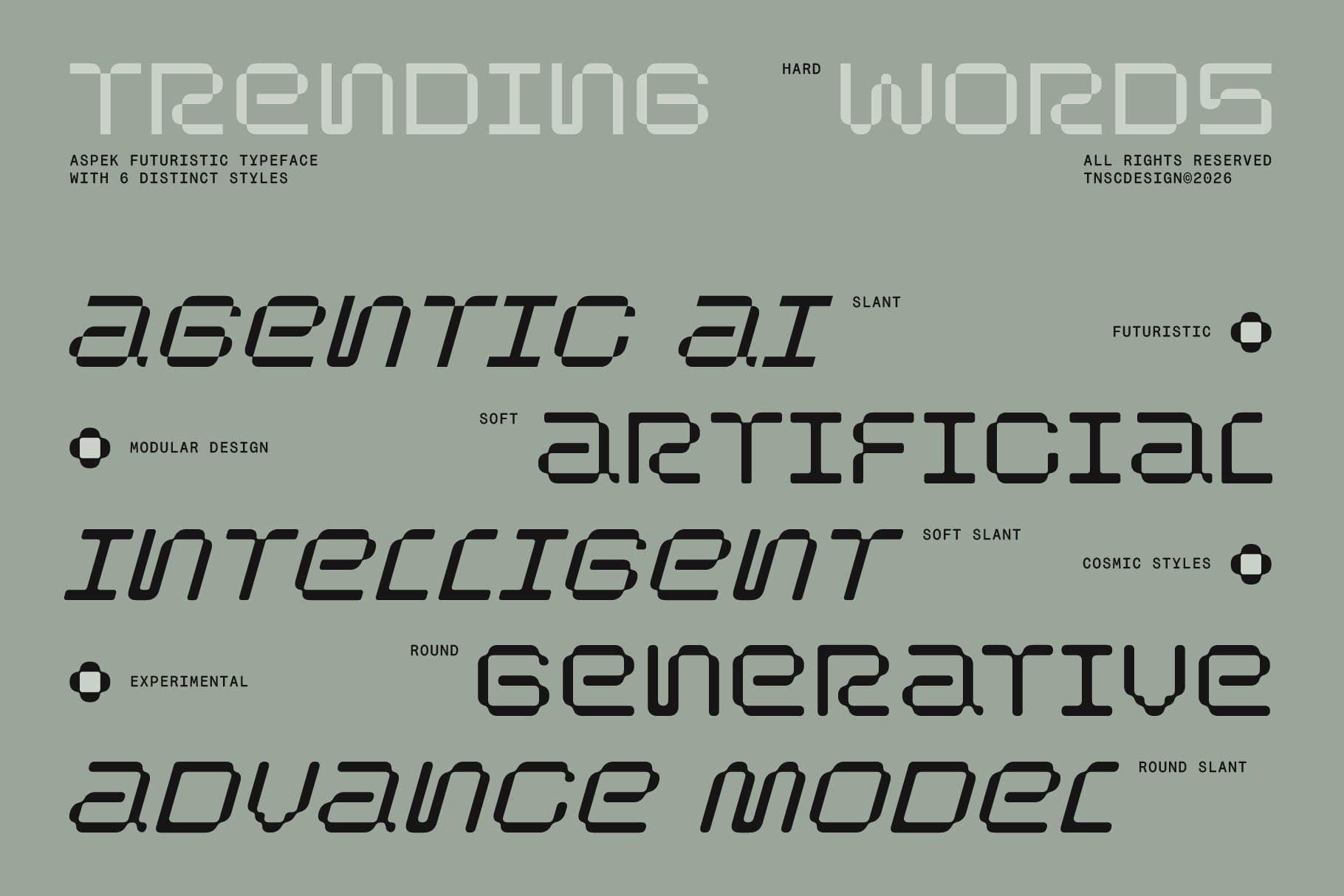Aspek futuristic typeface showing 6 distinct styles from hard to round slant variations