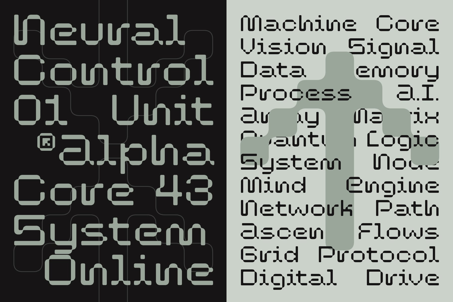 Split screen showing futuristic tech typography on dark left side, light right side with layered text overlays
