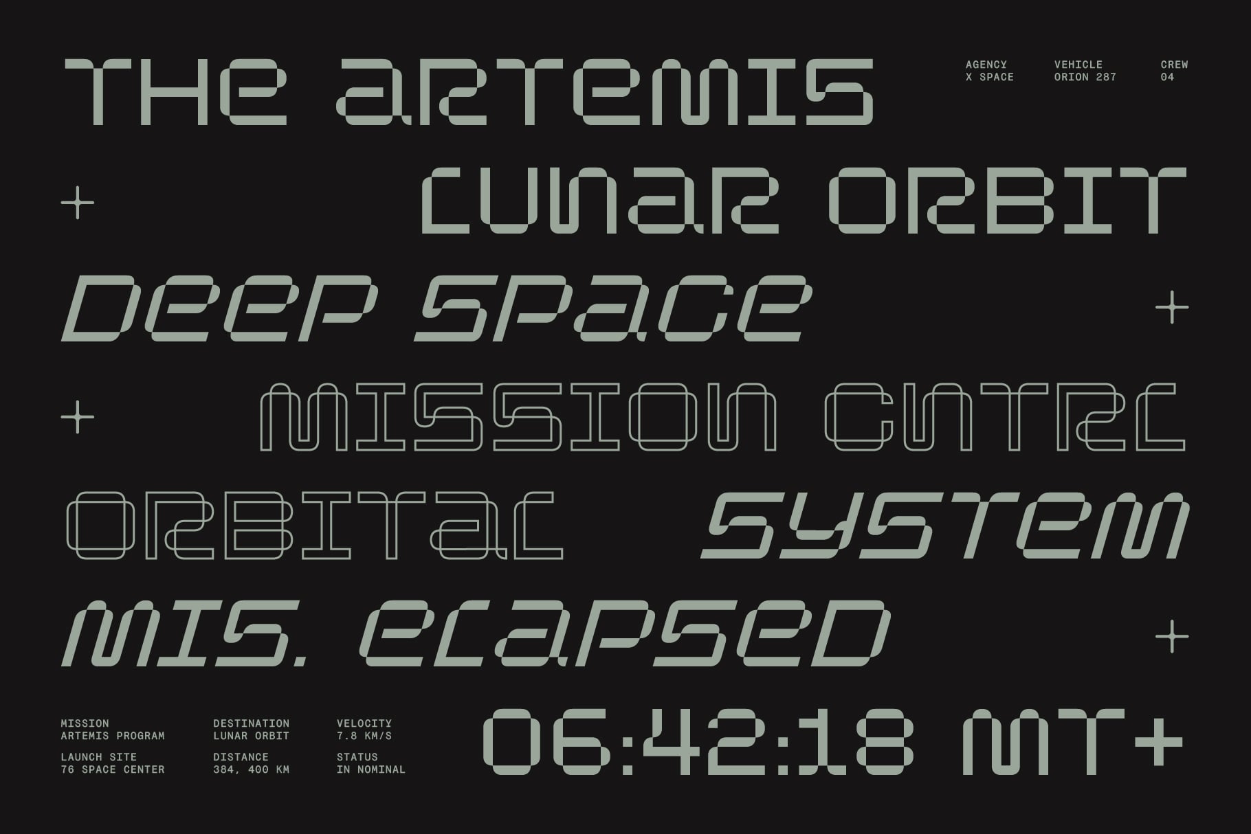 Sci-fi futuristic font mockup with geometric letterforms on dark background showing space mission data