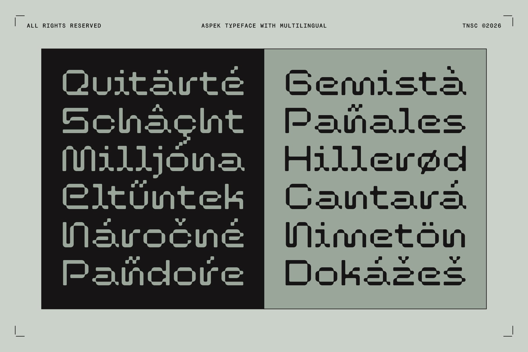 Aspek typeface showing multilingual text samples in Irish, Hungarian, Romanian, Finnish, Lithuanian across black plus sage backgrounds