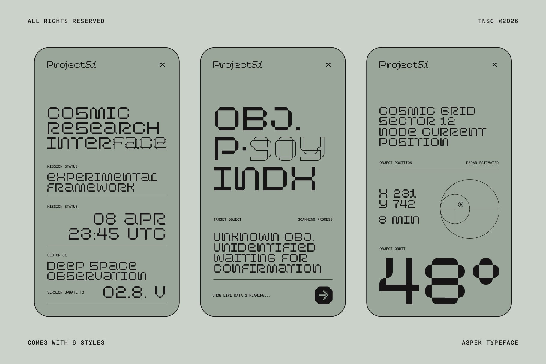 Three sci-fi UI mockups with retro futuristic screens showing space data, radar grids, object indexes in monospace typeface