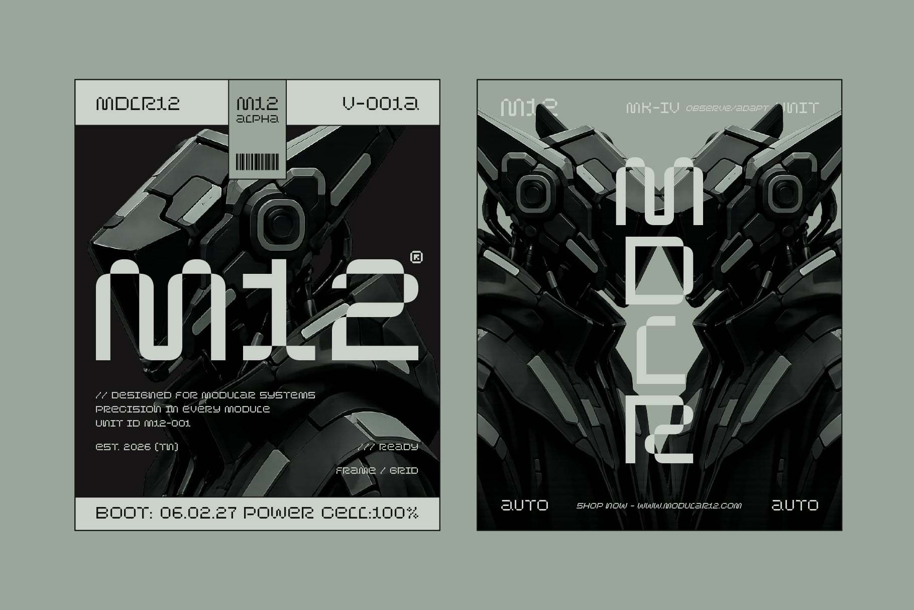 Futuristic sci-fi poster mockup with robotic machinery, tech specs, barcode labels on gray background
