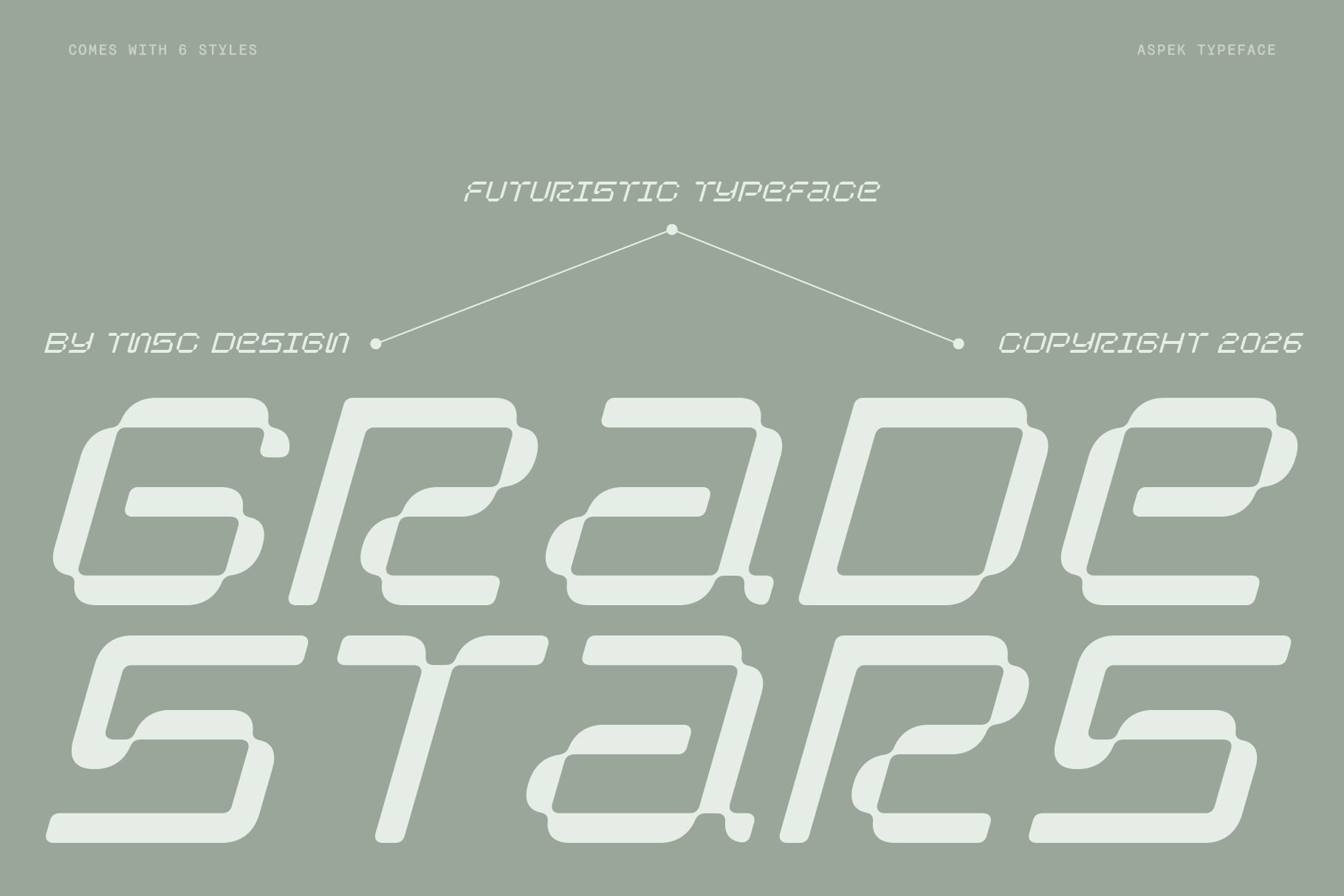 Aspek typeface with 6 styles, futuristic rounded letterforms on sage green background