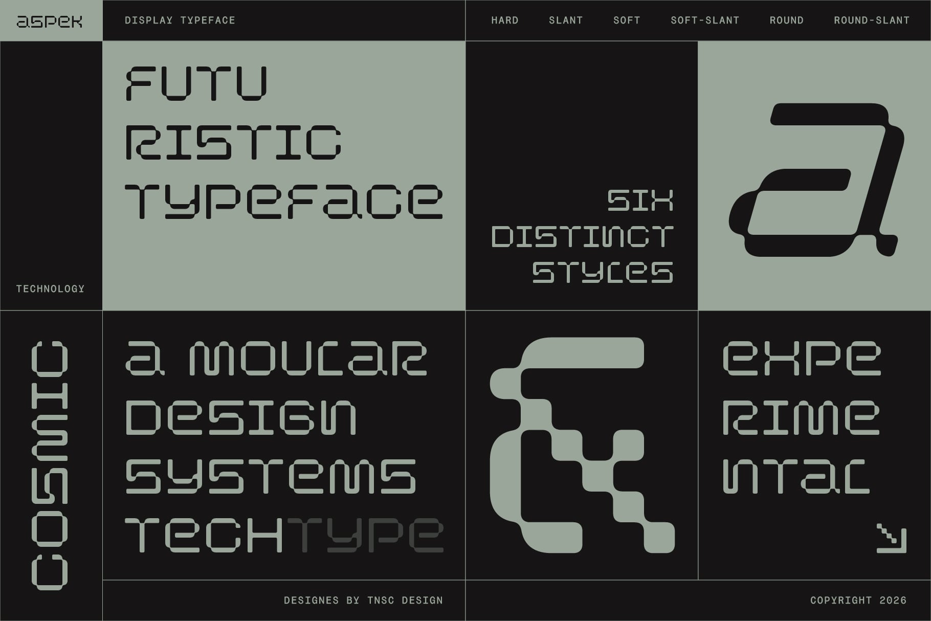 Aspek display typeface showing six distinct styles in hard, slant, soft variations with tech branding samples