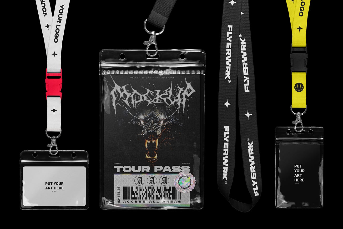 Four customizable lanyards with ID badge holders in white, black, neon yellow with editable mockup areas