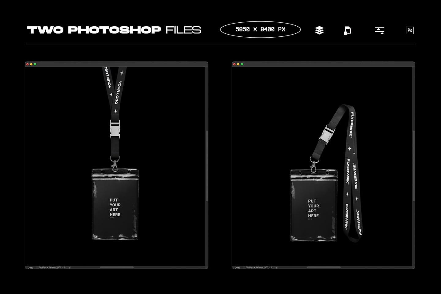 ID badge lanyard mockup with two angle views on black background in Photoshop