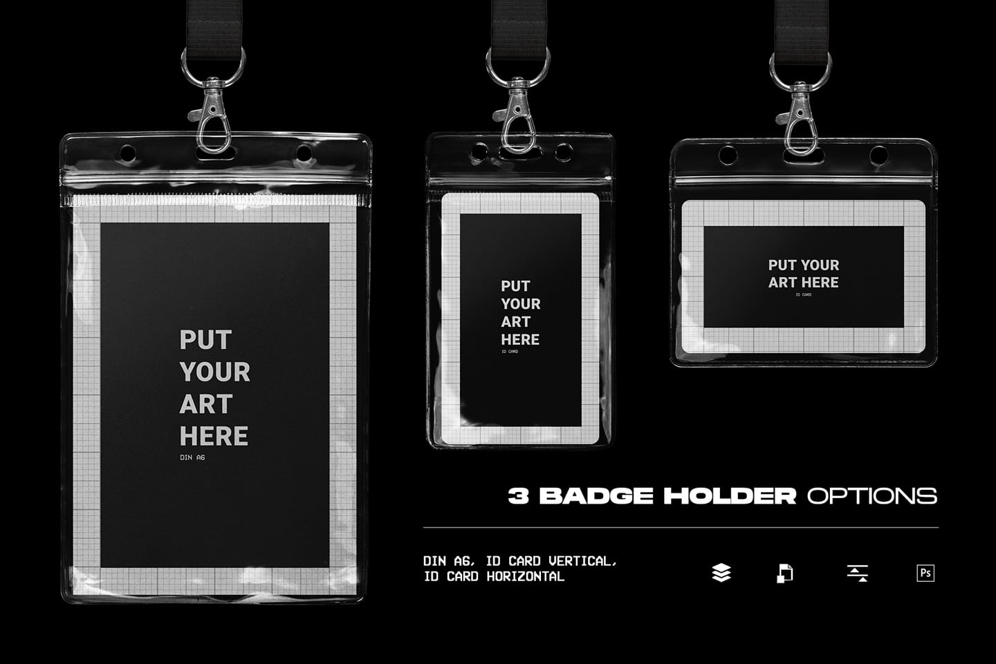 Three clear plastic badge holders with black straps showing vertical, horizontal, ID card layouts on black background
