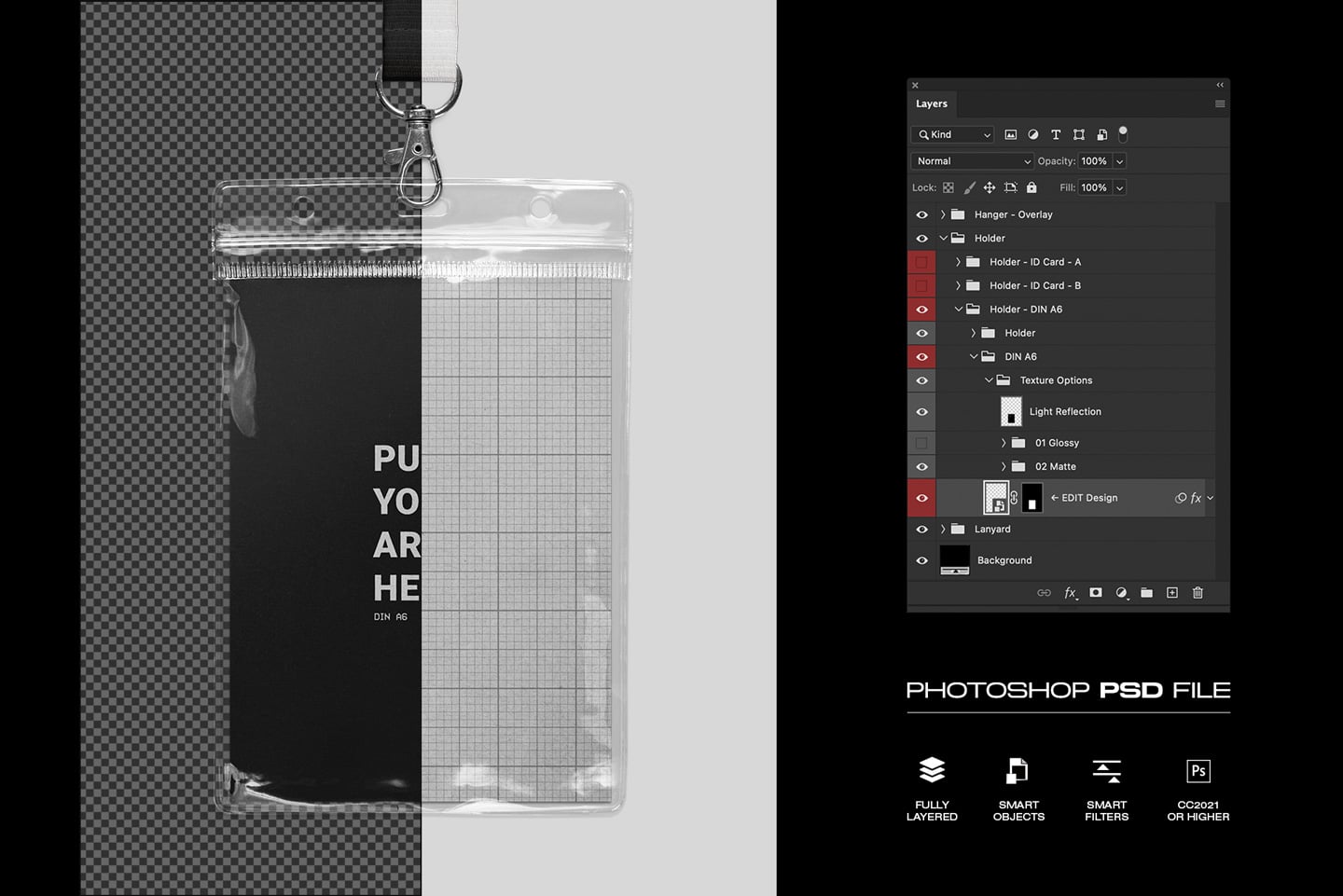 Clear ID card holder mockup with lanyard, fully layered Photoshop file ready to customize
