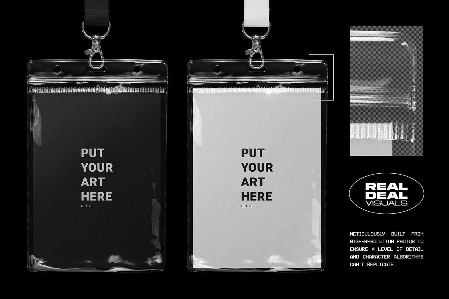 Lanyard badge holder mockup in black, white, plus close-up detail shots showing realistic textures