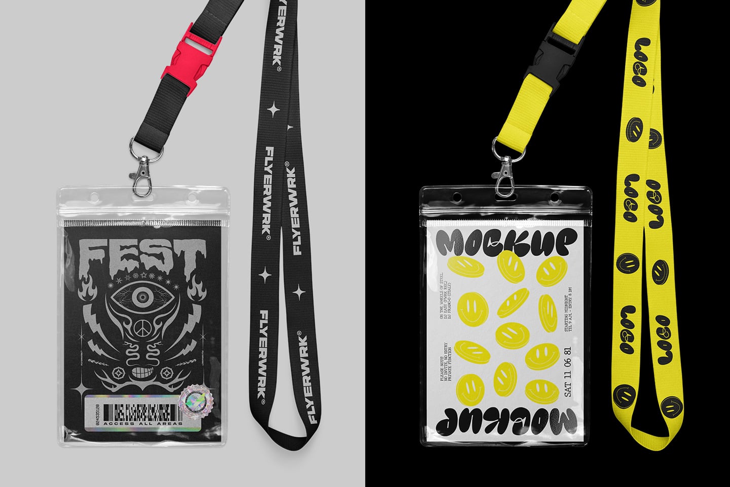 Lanyard mockup with ID badge in neon yellow, black, pink colors showing front, back, strap details