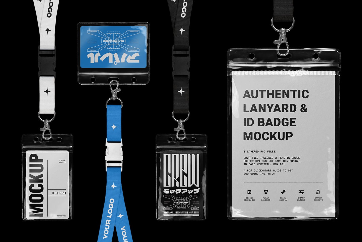 Lanyard plus ID badge mockup with three holders showing horizontal, vertical, keychain options