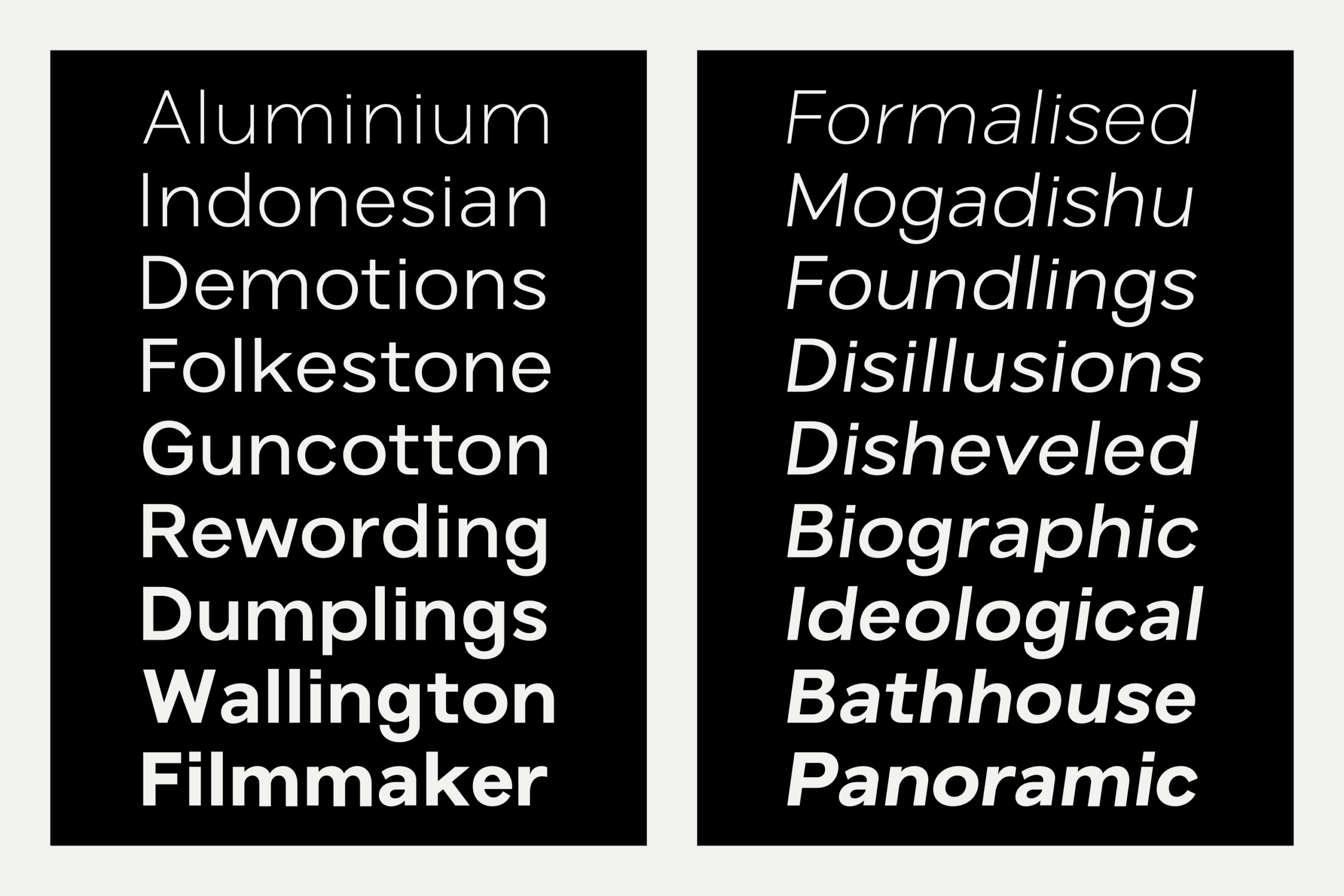 Two black cards displaying white serif text in regular plus italic weights