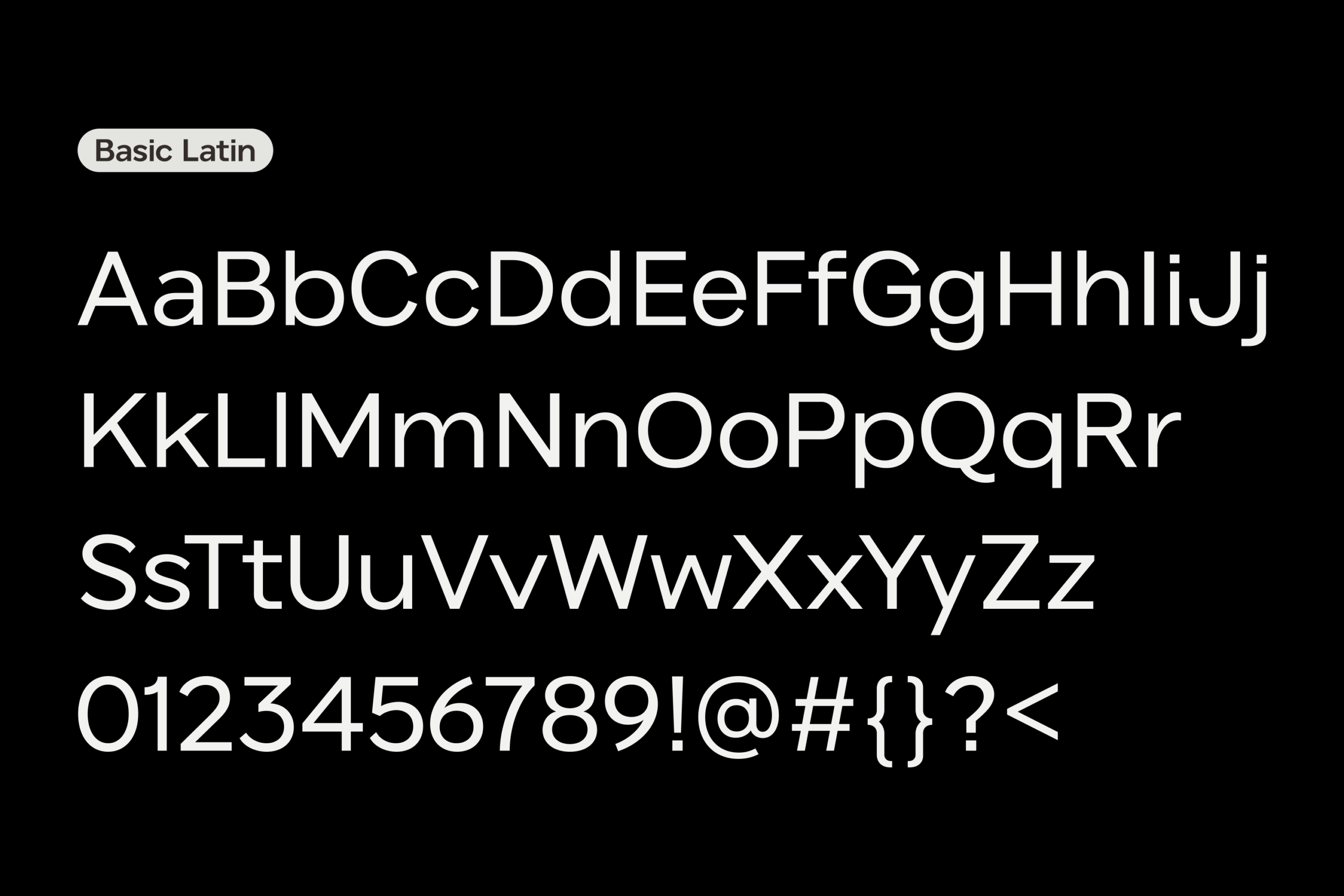 Clean sans serif typeface showing full character set with uppercase, lowercase, numbers, plus symbols on black background