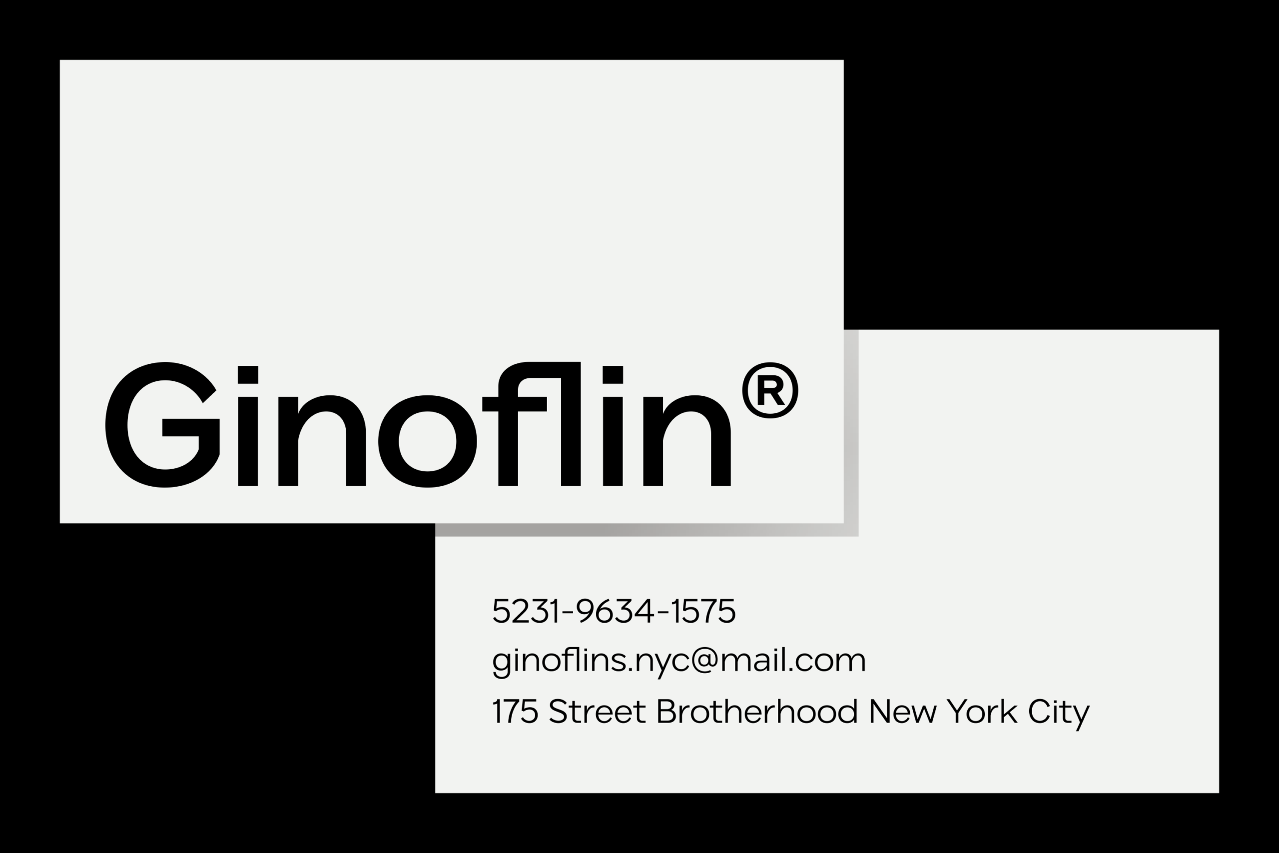 Ginoflin registered trademark logo with contact info on overlapping business card mockup