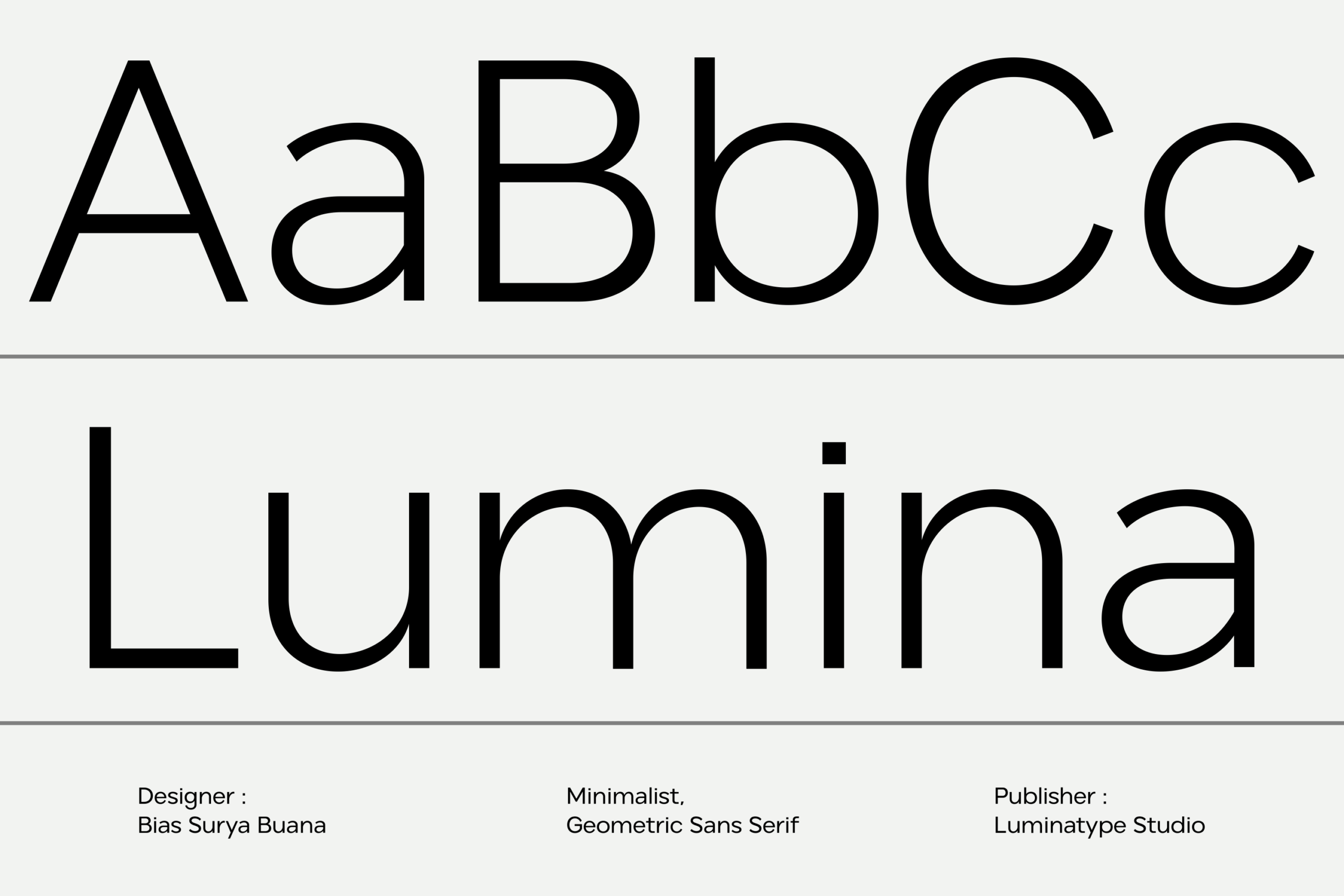 Minimalist geometric sans serif font with clean lines, designed by Bias Surya Buana