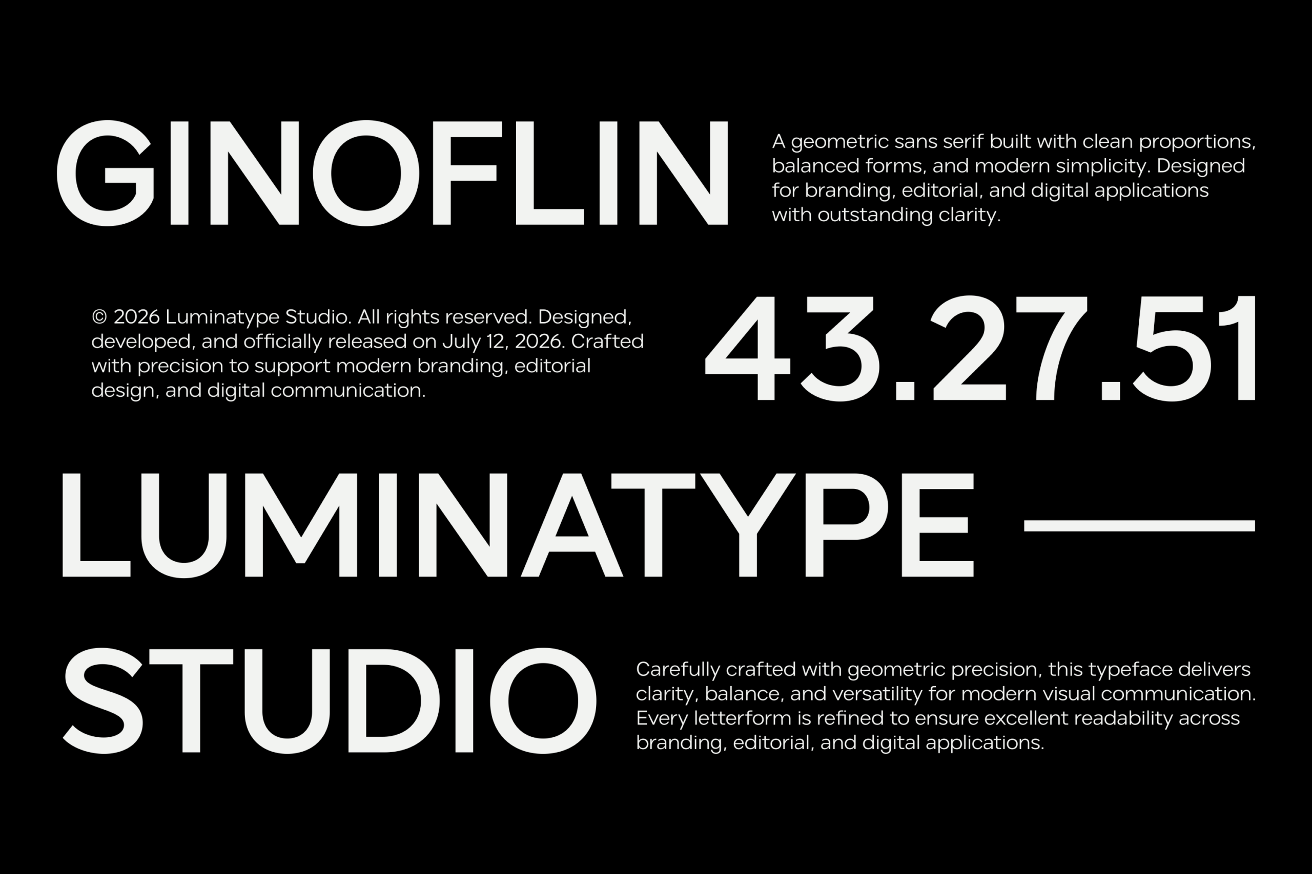 Ginoflin geometric sans serif font display on black background showing typeface details