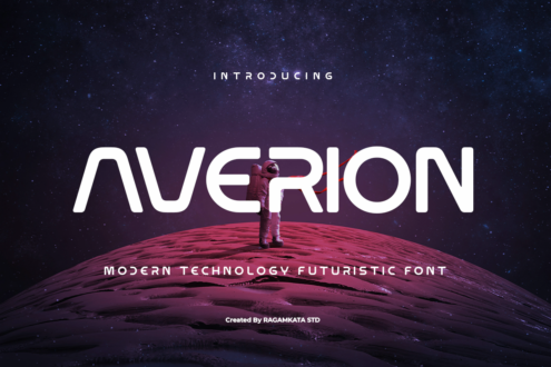 Astronaut standing on a magenta planet with starry sky, Averion futuristic font displayed in white letters