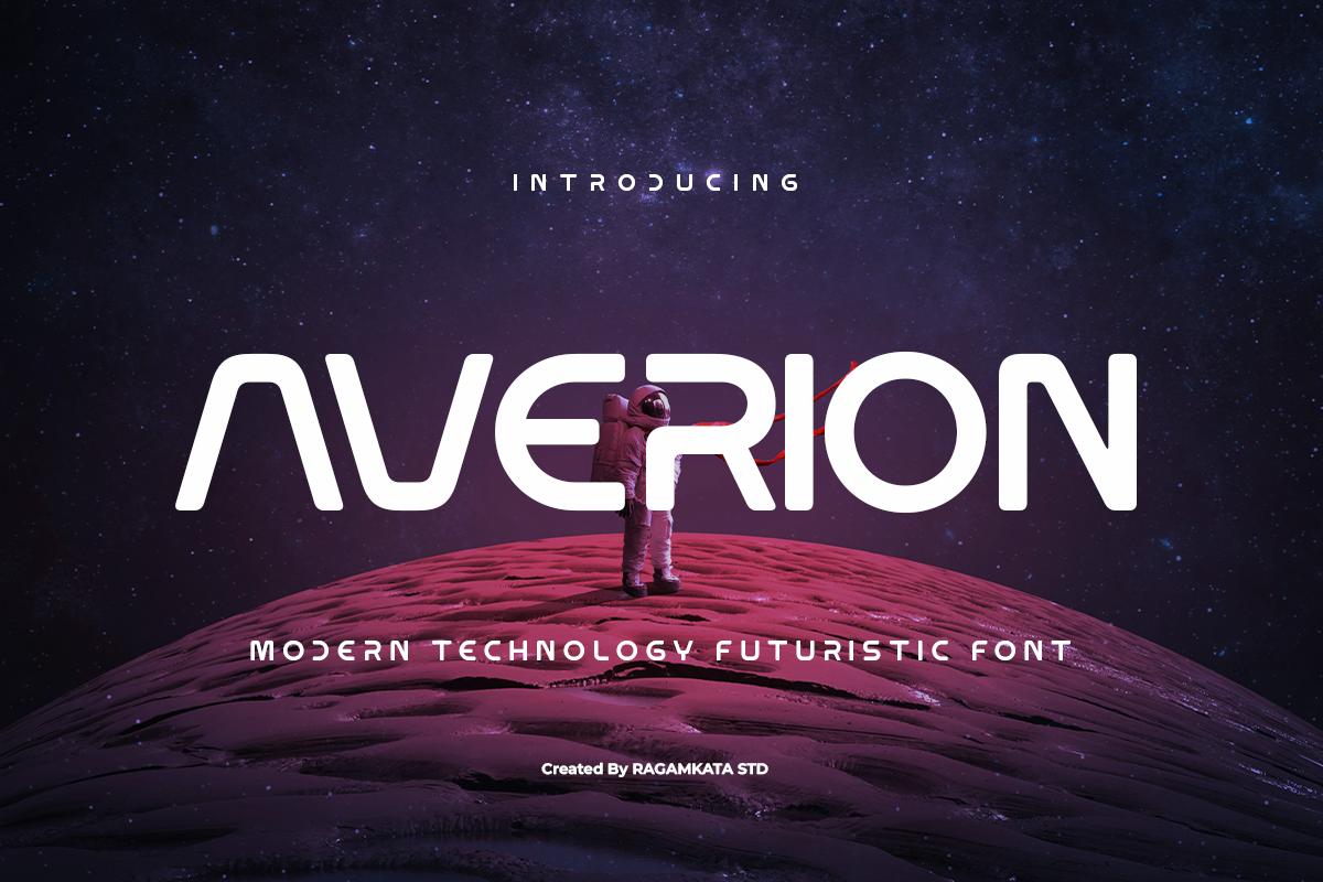 Astronaut standing on a magenta planet with starry sky, Averion futuristic font displayed in white letters