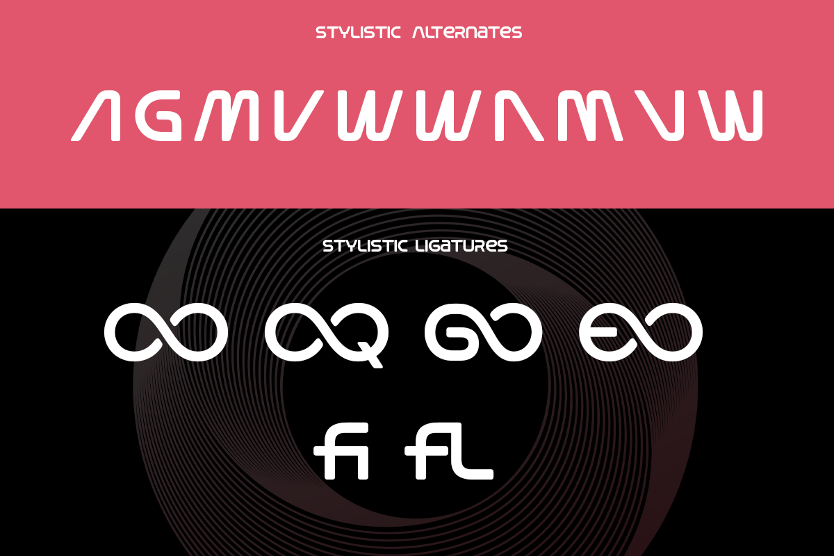Sleek futuristic font with curved ligatures on hot pink, black gradient background