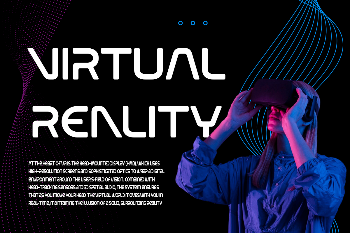 Person in VR headset surrounded by neon blue pink grid lines on black background