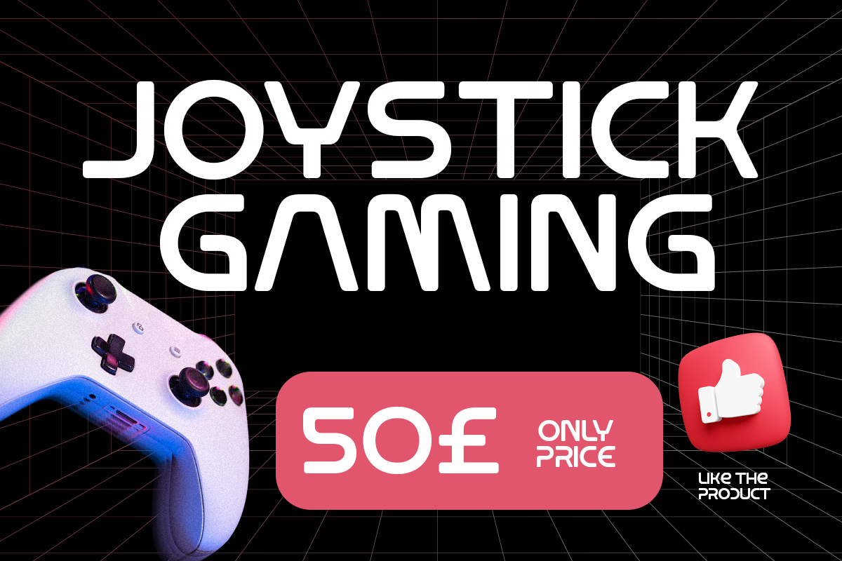 Joystick gaming mockup with retro grid background, price tag, thumbs up icon