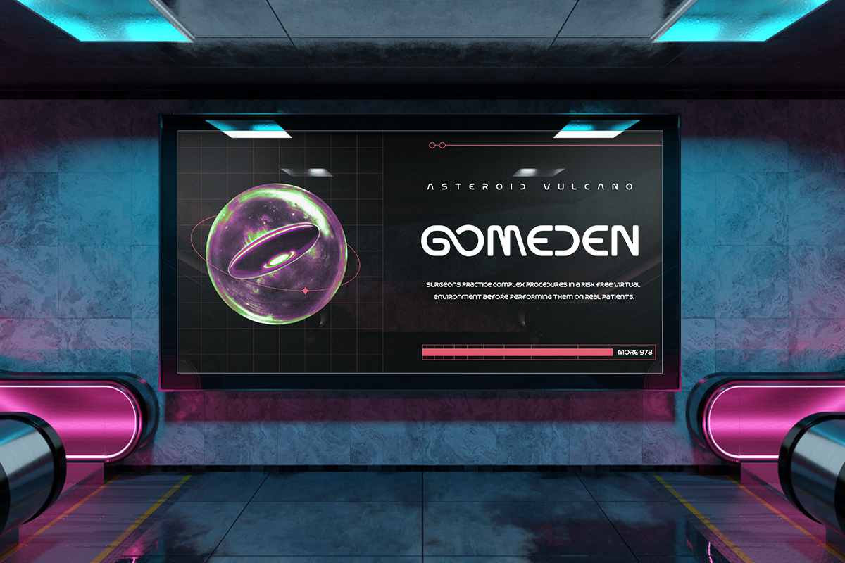 Sci-fi futuristic display screen mockup with glowing purple planet, cyan neon lights, grid overlay, dark space theme