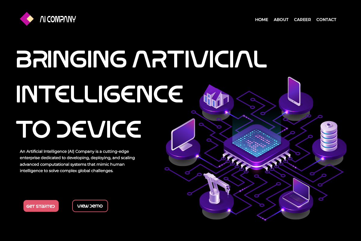 Isometric AI tech illustration with purple neon devices connected on circuit board layout