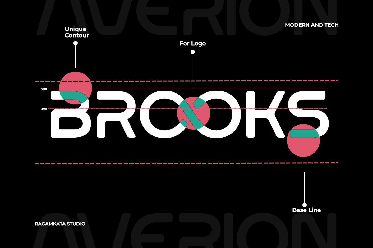 Bold sans serif logo lockup with geometric circles overlapping letters, showing baseline guides, contour points, modern tech branding