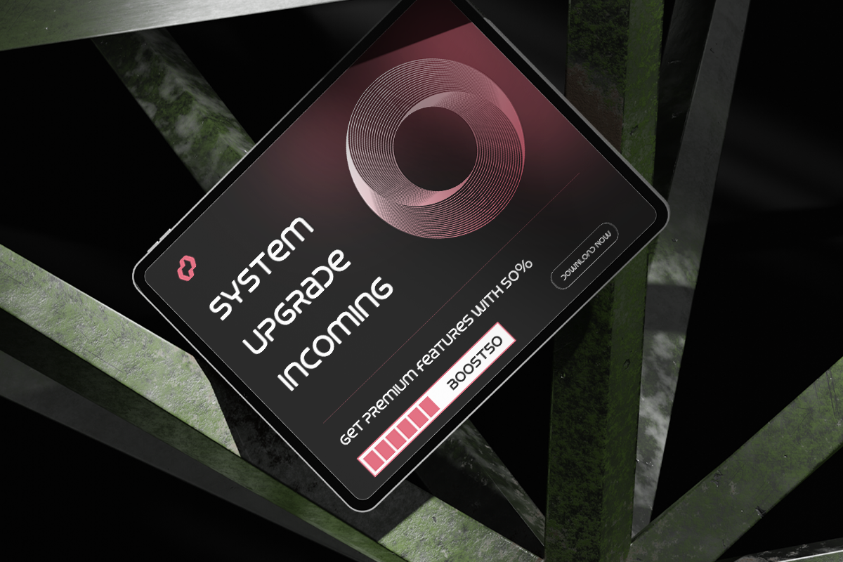 Tablet mockup showing dark UI with pink gradient circle, system upgrade messaging, premium features boost bar
