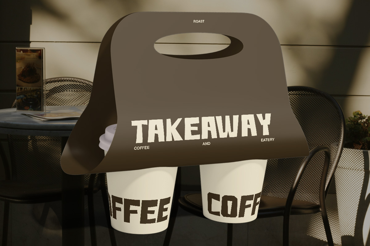 Takeaway coffee bag mockup with two branded cups in modern cafe setting with natural light