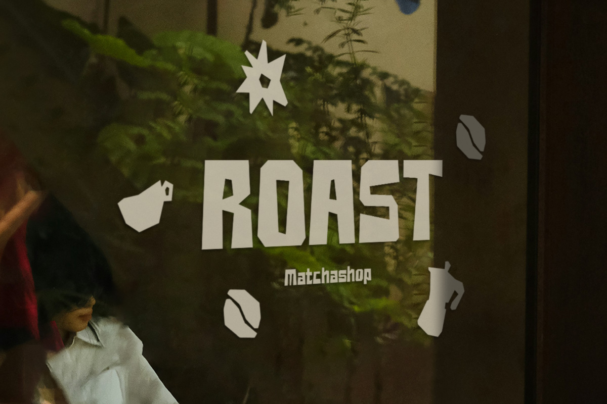 Roast coffee brand mockup with leafy green background, geometric coffee icons, bold sans serif typography for matchashop