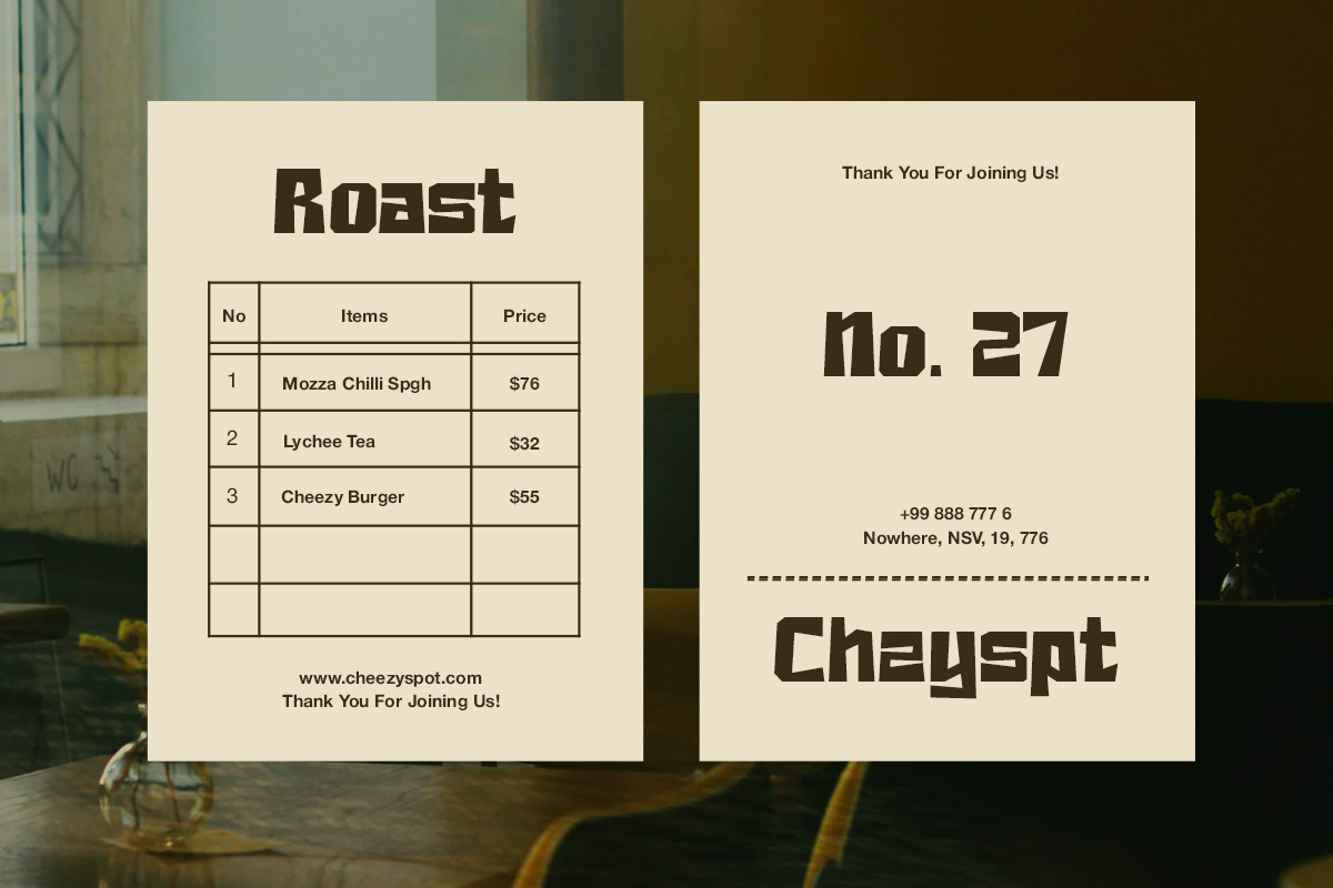 Receipt mockup with retro menu layout, bold typography, cream background