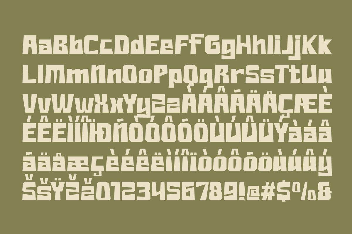Chunky sans serif font with full character set on olive background