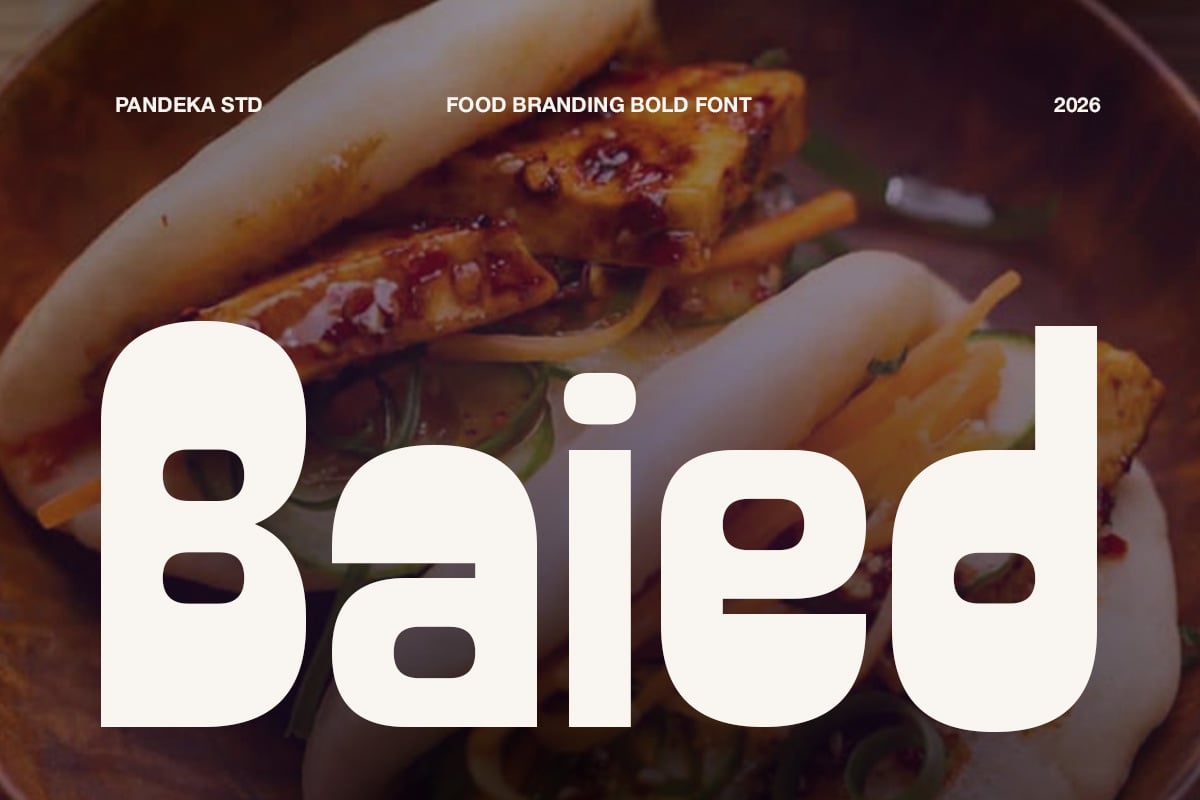 Pandeka STD bold sans serif font layered over food photography with grilled skewers